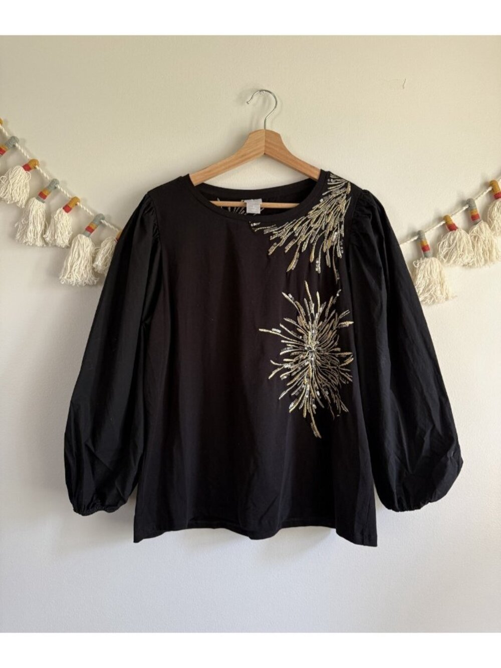 Chico's Embroidered Sequin Balloon Sleeve Top Peasant Boho Feminine Cotton L